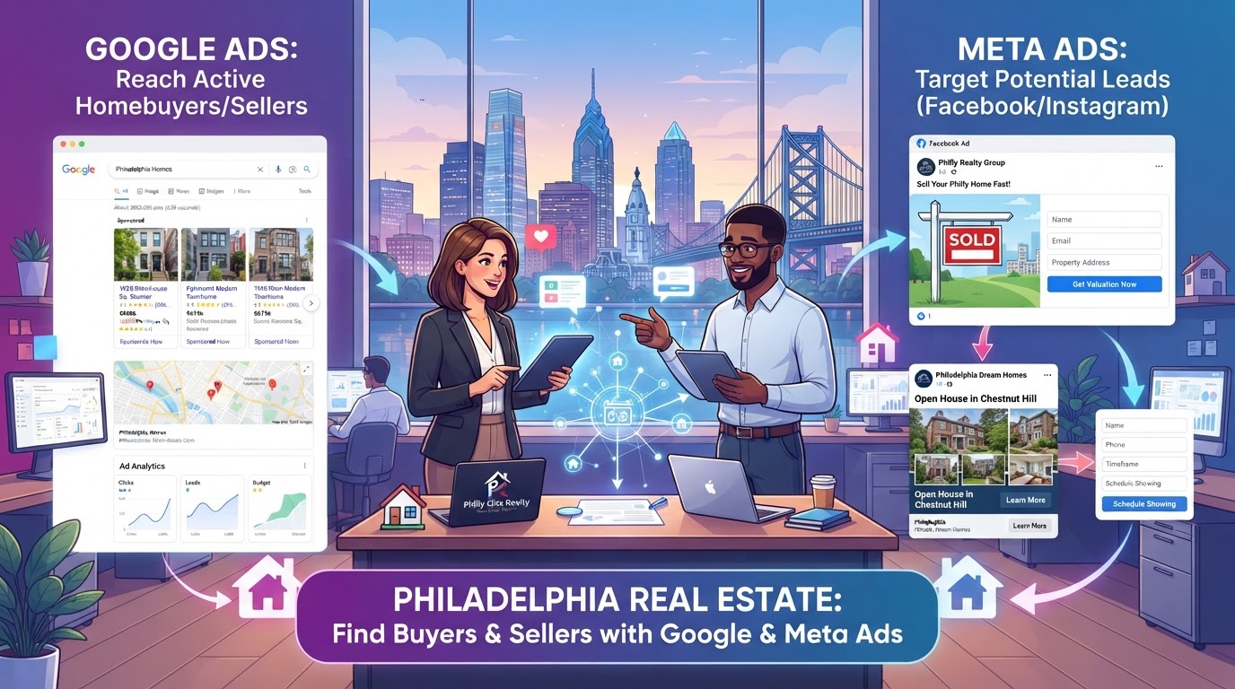Philadelphia real estate agents using Google and Meta ads to find home buyers and sellers with property listings and lead forms in purple and blue gradient accents