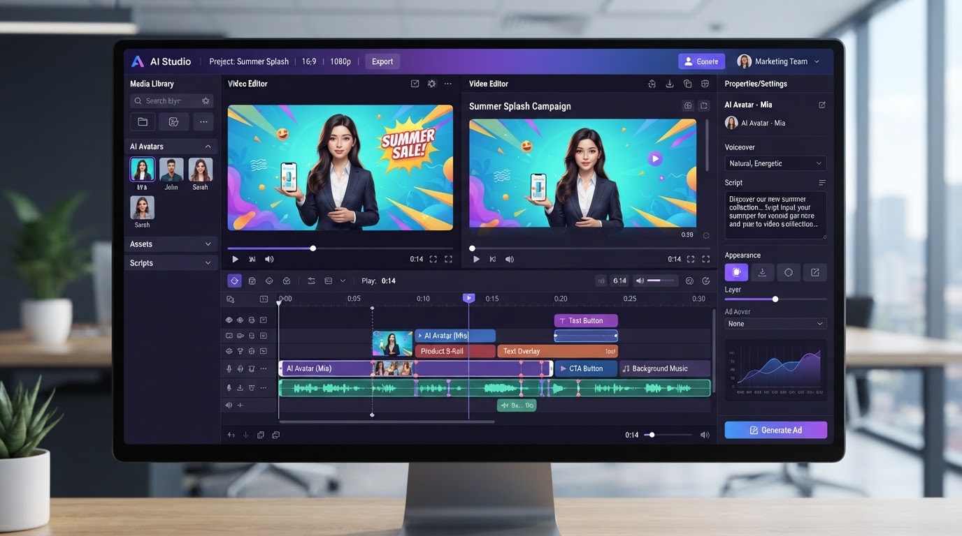 AI video generation interface producing short-form advertising videos with AI avatars and video timeline editing