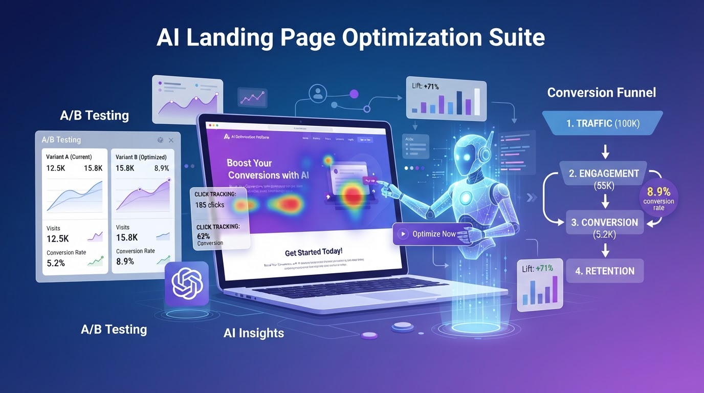 AI optimizing landing pages with heatmaps and A/B testing showing conversion funnel and click tracking in purple and blue gradient accents