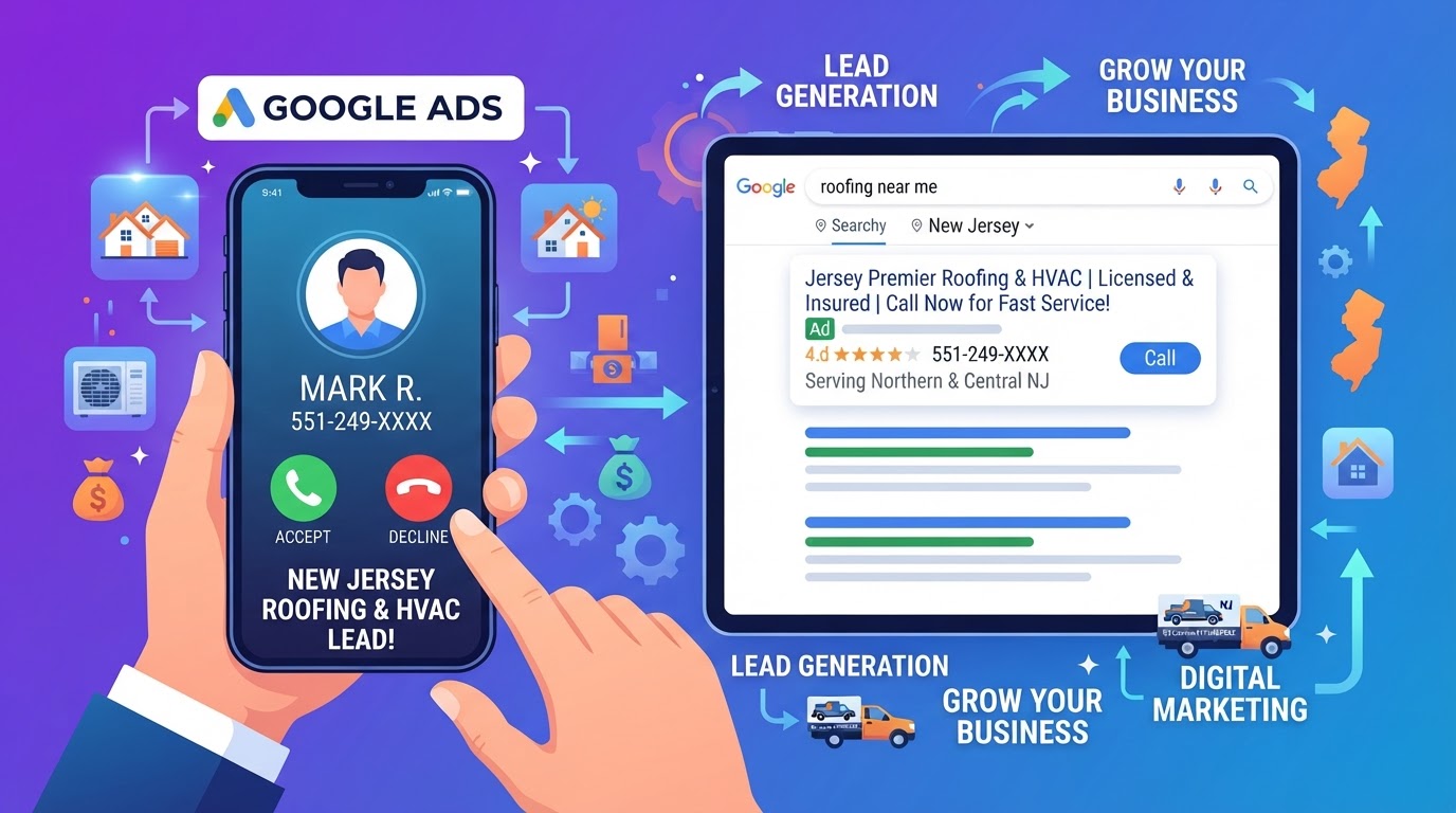 New Jersey contractor business getting customer phone call leads through Google Ads with smartphone call notification