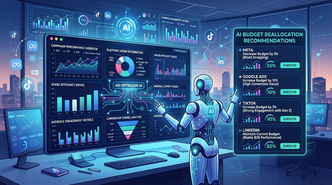AI analyzing ad performance dashboards and recommending budget reallocation across platforms with analytics charts and AI recommendations in purple and blue gradient accents