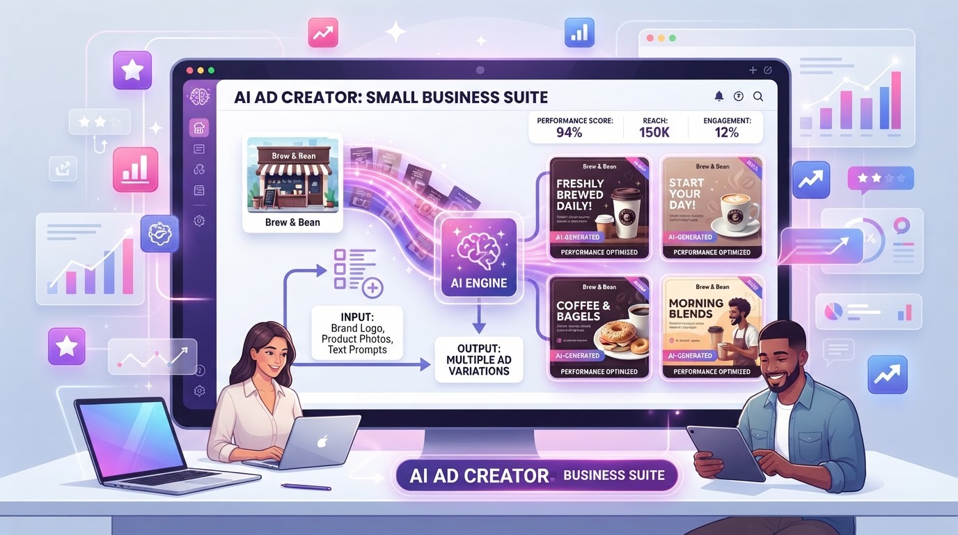 AI generating ad creative images for small businesses with multiple ad variations being created automatically in purple and pink gradient accents