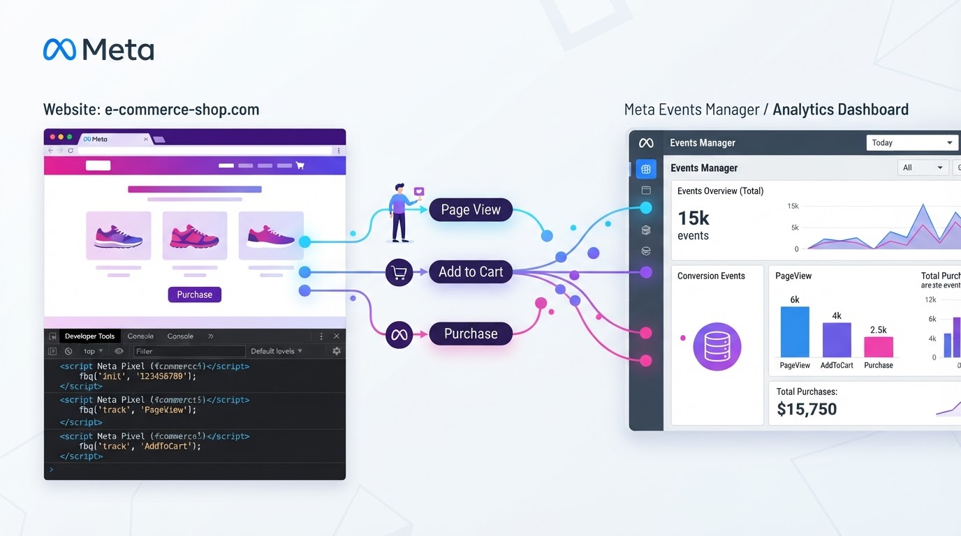 Meta Facebook pixel troubleshooting interface showing conversion events and developer tools