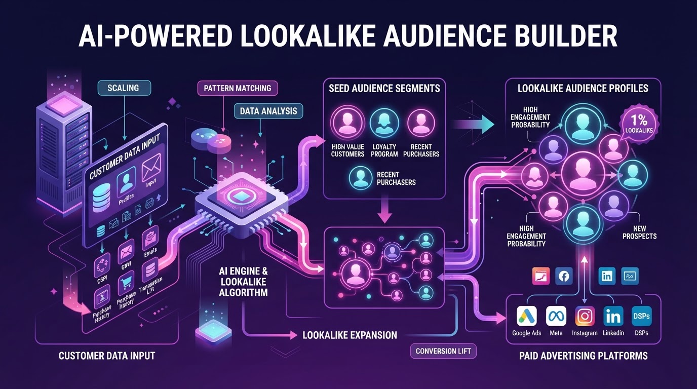 AI building lookalike audiences from customer data for paid advertising showing audience segments and customer matching in purple and pink gradient accents