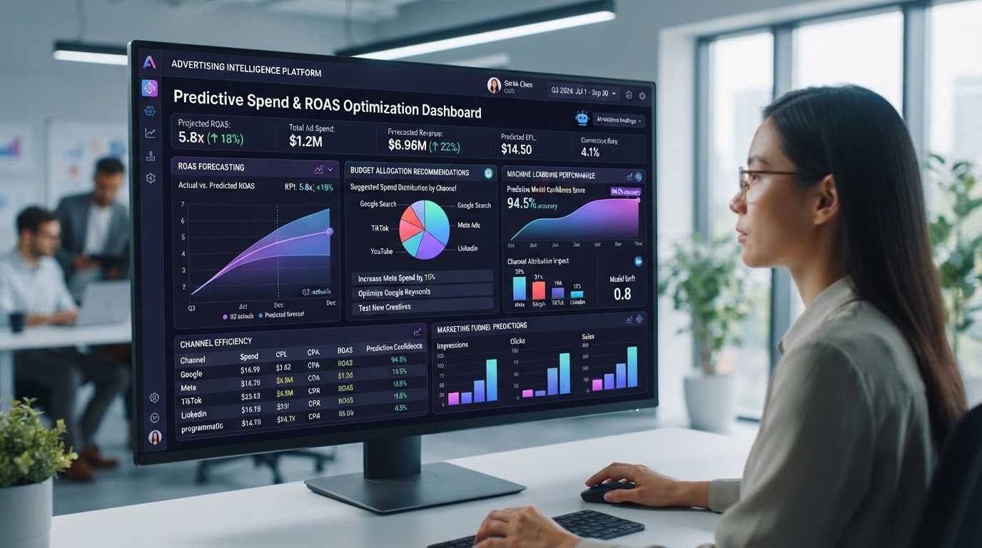 AI predictive analytics dashboard for advertising spend showing ROAS forecasting and budget optimization recommendations