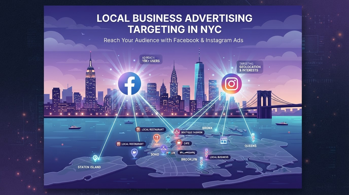 New York City skyline with Facebook and Instagram ad icons and local business advertising targeting on a map with purple and blue gradient accents
