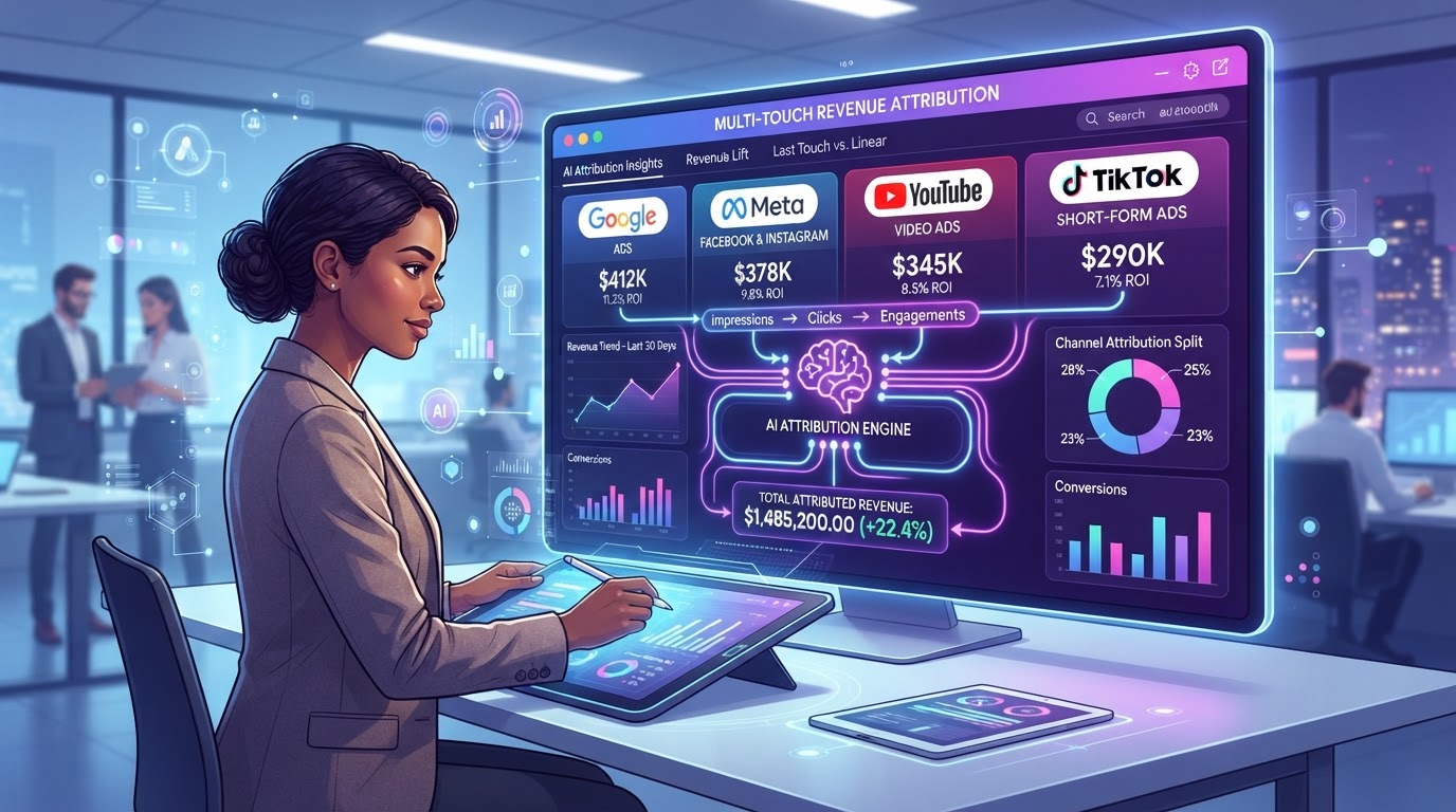 AI tracking revenue attribution across Google Meta YouTube and TikTok ads showing multi-touch attribution dashboard in purple and blue gradient accents