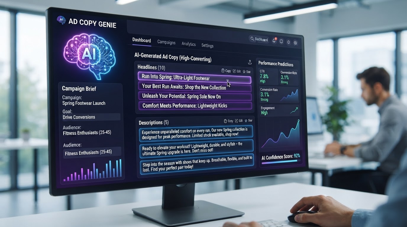 AI ad copy generation interface showing high-converting headlines and descriptions being written with a purple AI brain icon