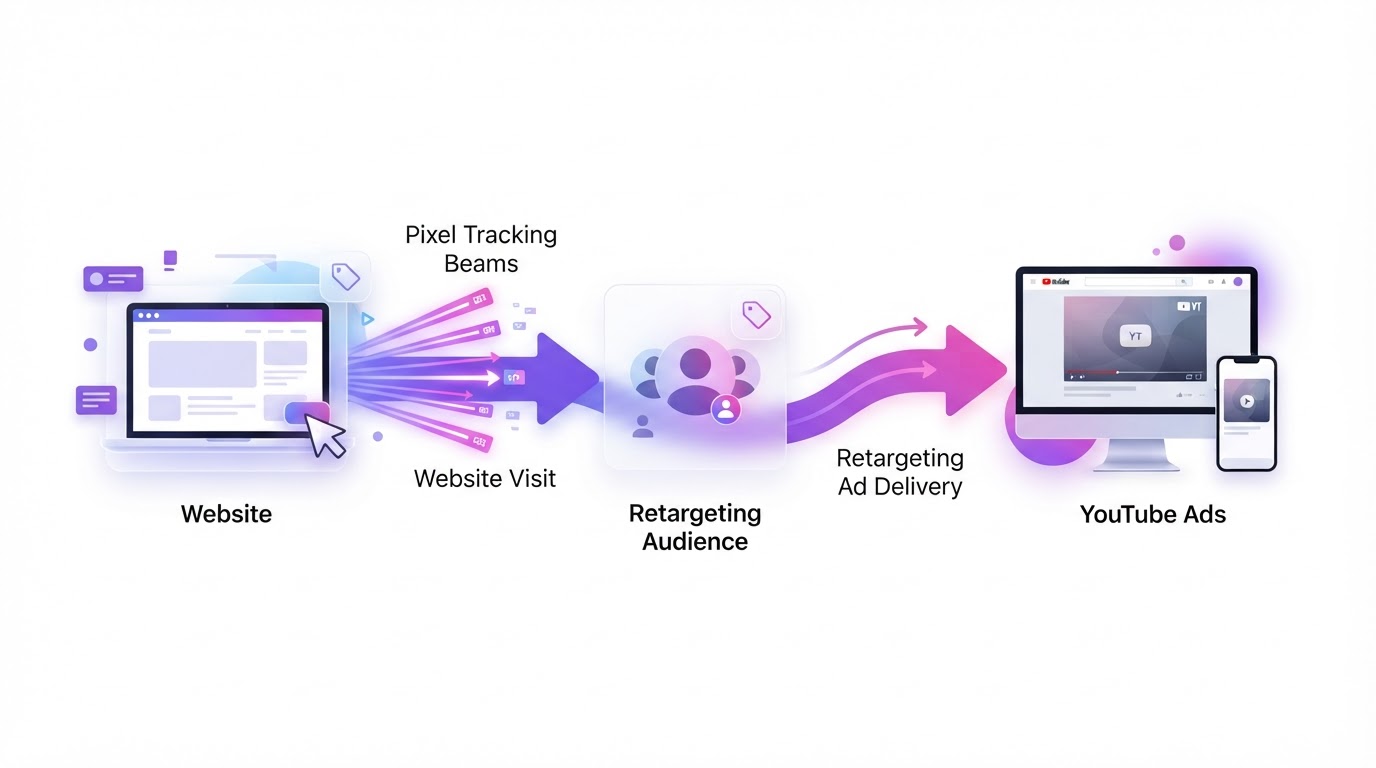 Retargeting website visitors to YouTube ads showing a customer journey flowing from a website visit to YouTube video ads with purple gradient arrows connecting platforms