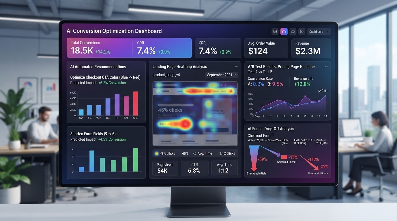 AI conversion rate optimization dashboard showing landing page heatmaps, A/B test results, and funnel drop-off analysis with automated recommendations