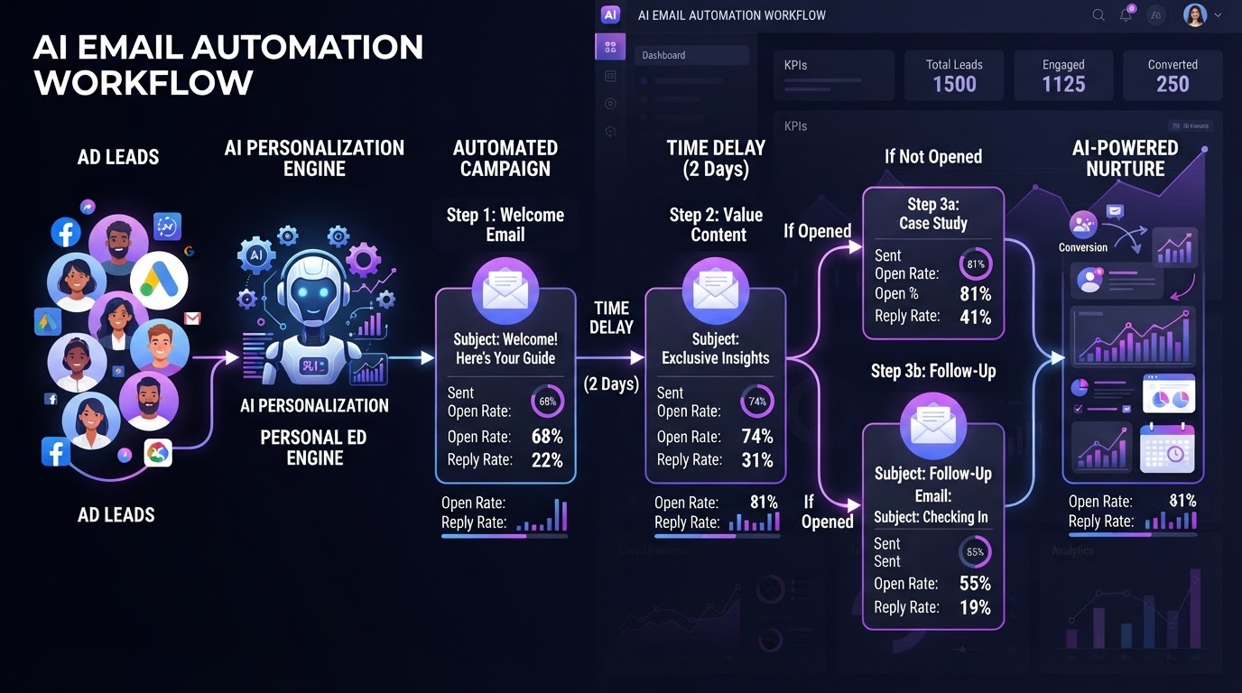 AI email marketing automation sequence showing personalized email campaigns being sent to ad leads with open rates and reply tracking