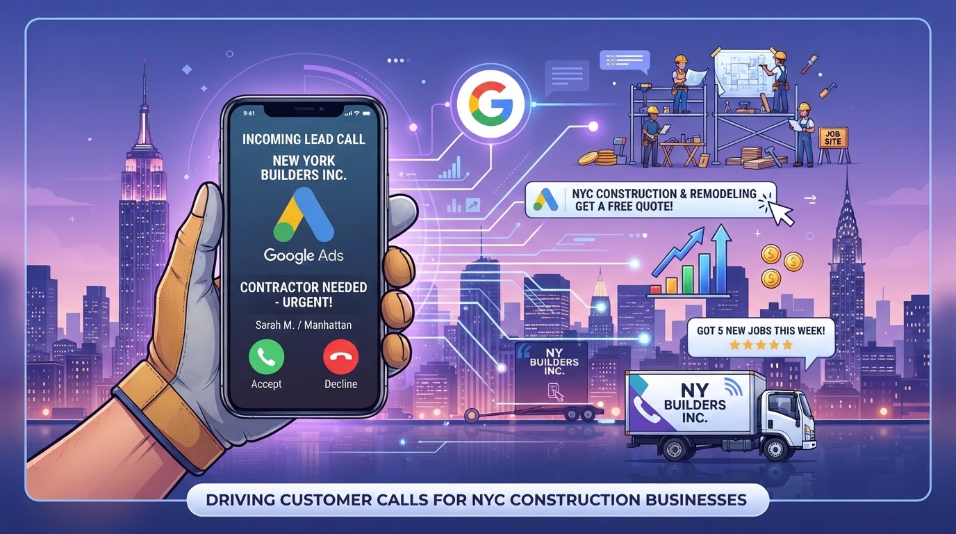 New York construction contractor business getting customer phone call leads through Google Ads with smartphone call notification and purple blue gradient accents