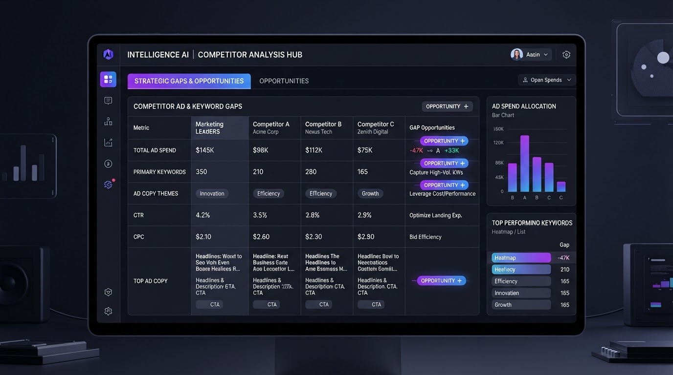AI competitor analysis tool showing competitor ad copy, keywords, and spend being analyzed with gap opportunities highlighted