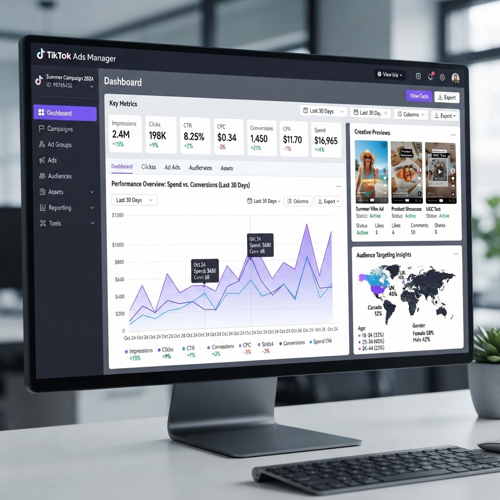 TikTok Ads Manager interface showing campaign metrics, creative previews, and audience targeting panels