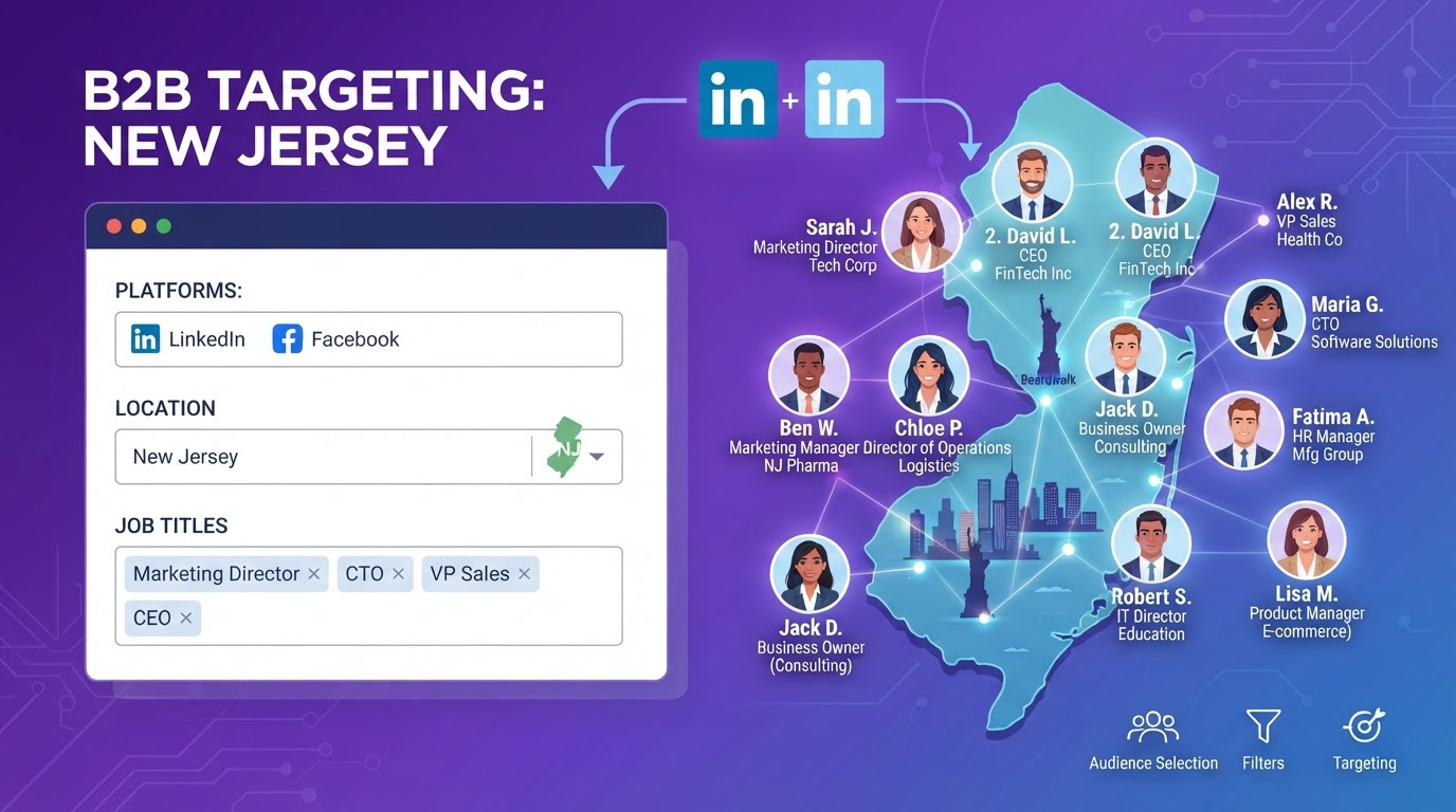 Targeting job titles with LinkedIn and Facebook ads showing professional people icons with job title labels