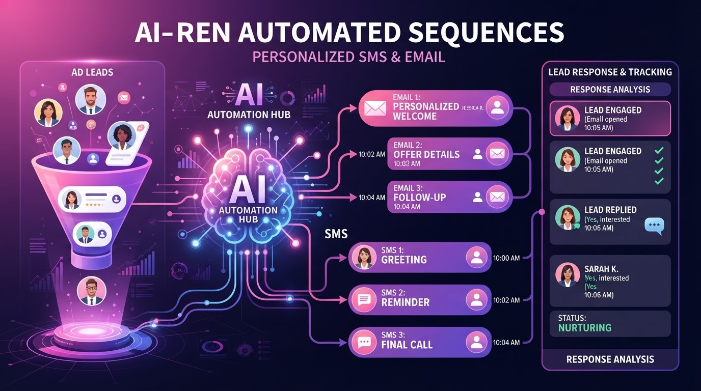 AI sending personalized SMS and email follow-ups to ad leads automatically showing message sequences and response tracking in purple and pink gradient accents