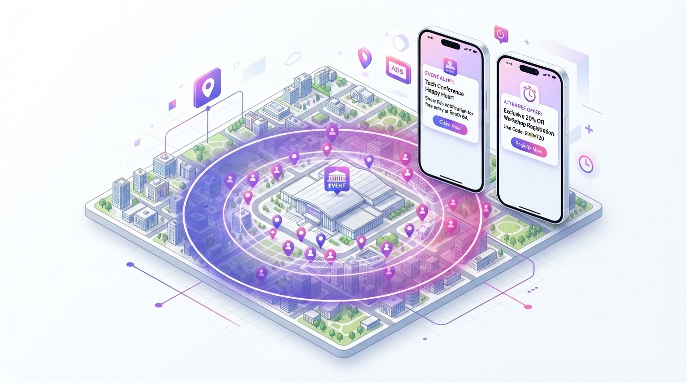 Geo-fencing event advertising showing a 3D map with a glowing purple radius circle around a convention center with targeted ads reaching event attendees