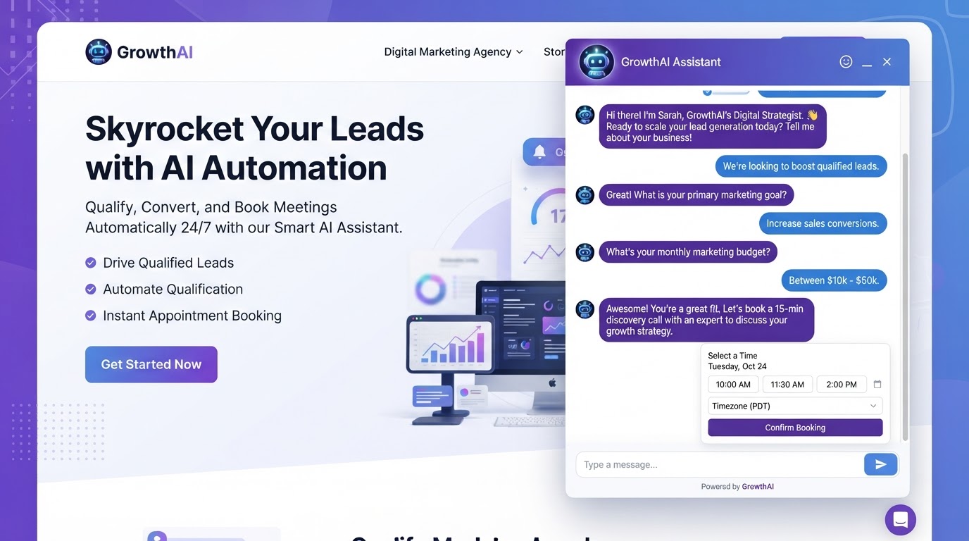 AI chatbot on an advertising landing page converting visitors into leads with a conversational interface and appointment booking