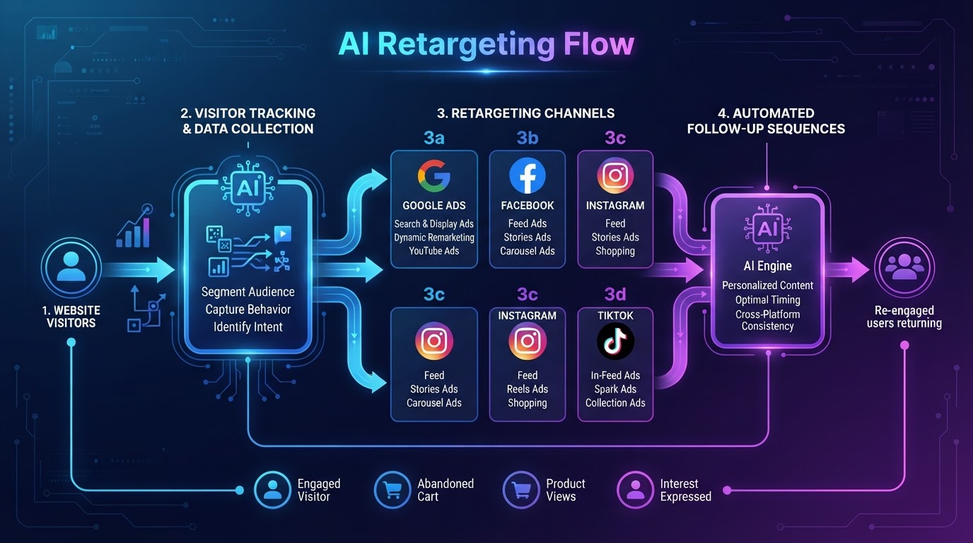 AI retargeting workflow showing website visitors being tracked and re-engaged across Google Facebook Instagram and TikTok
