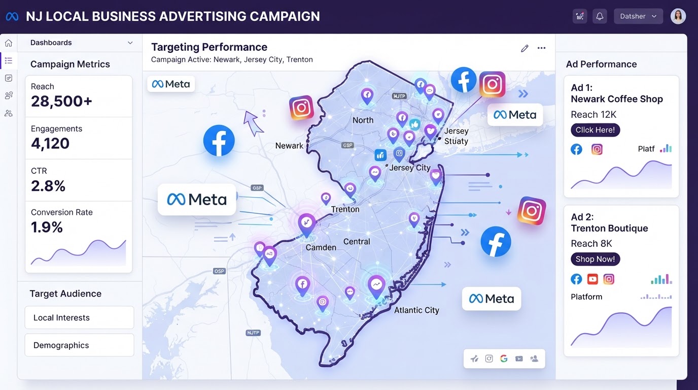 Map of New Jersey with glowing purple location pins marking local business advertising targets and Facebook Instagram ad icons