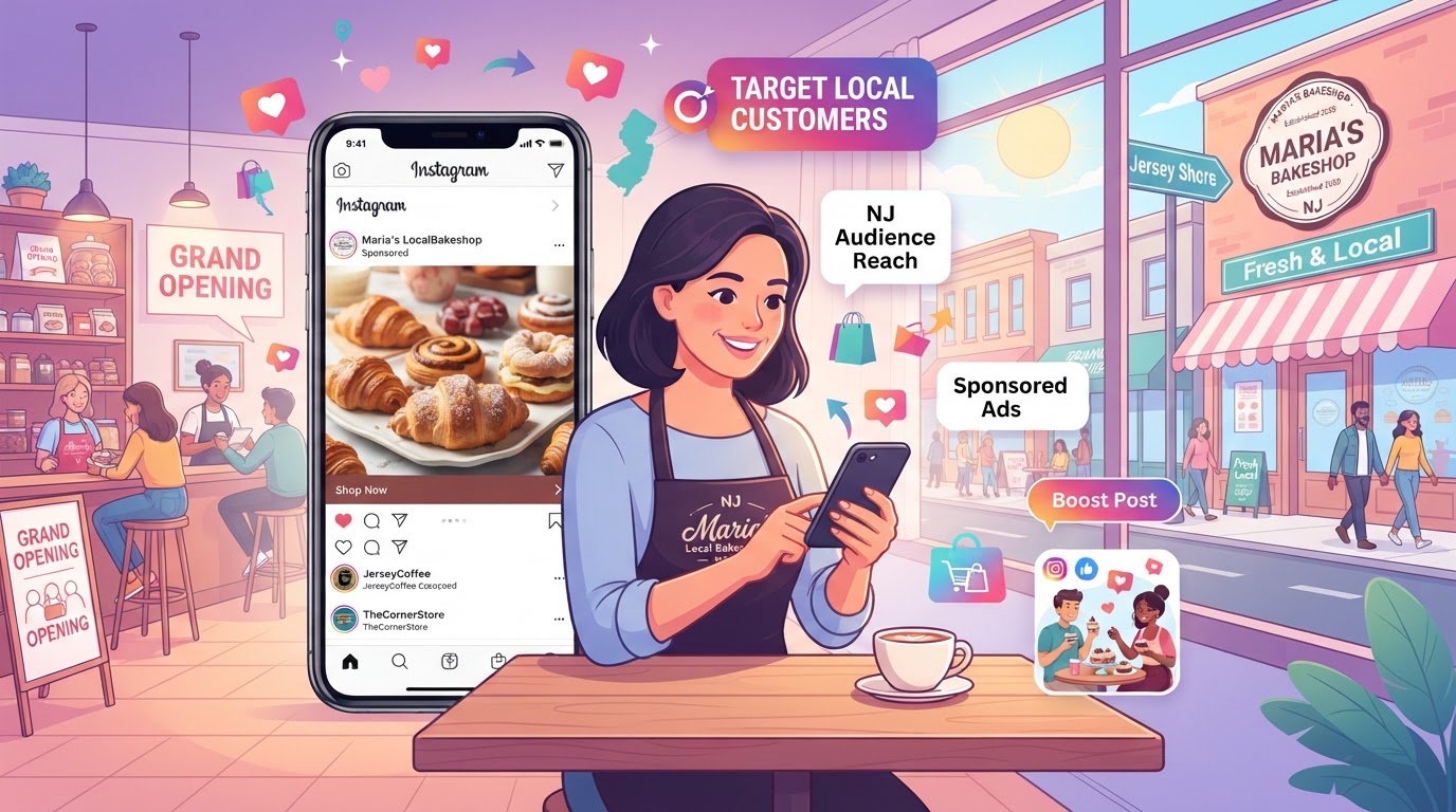 New Jersey small business owner using Instagram ads on a phone to reach local customers with sponsored posts