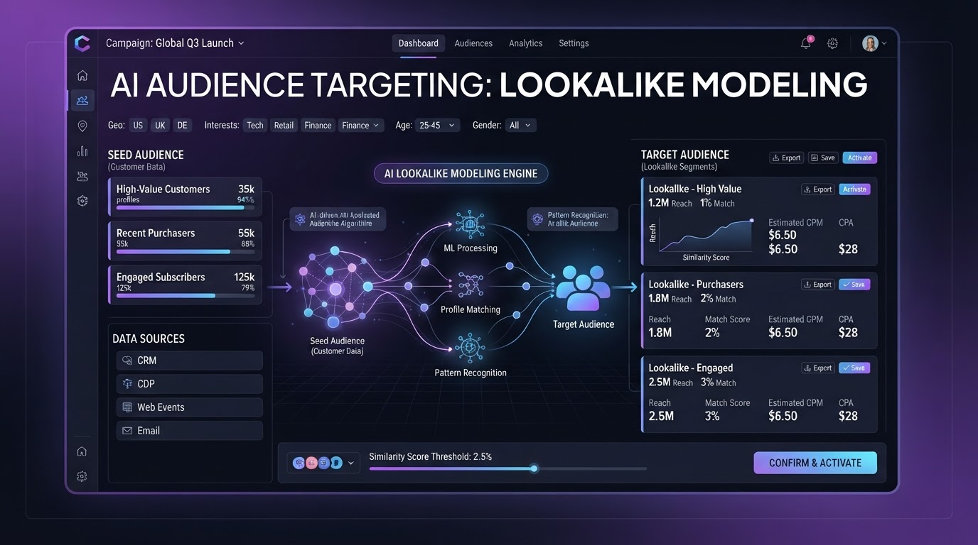 AI audience targeting interface showing lookalike audiences being built from customer data with audience segments