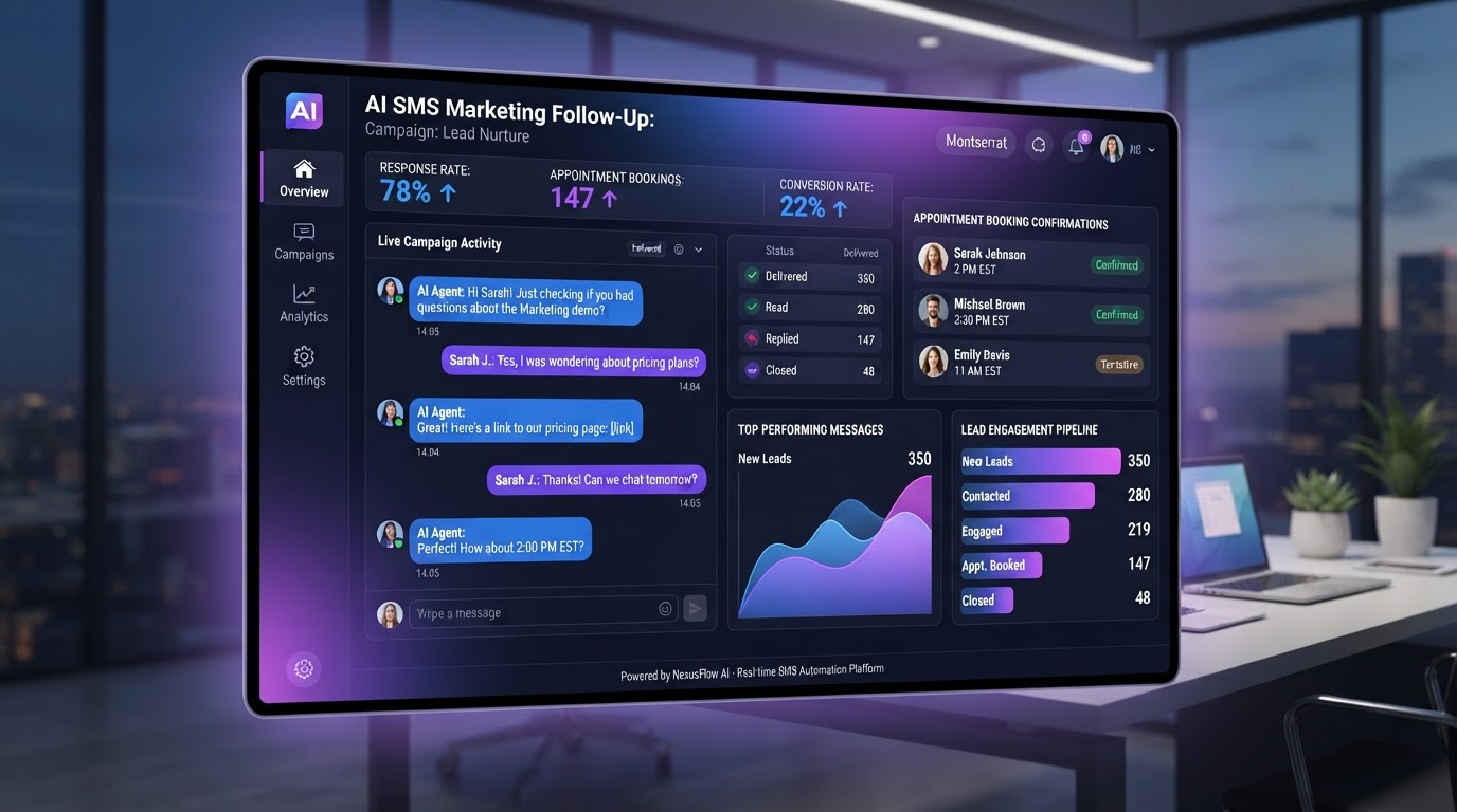 AI SMS marketing follow-up interface showing automated text messages being sent to leads with response rates and appointment booking confirmations