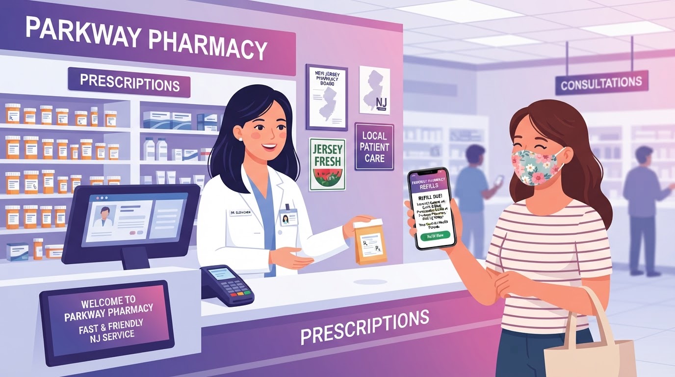 New Jersey pharmacy using local ads for prescription refills with pharmacist and phone refill reminder