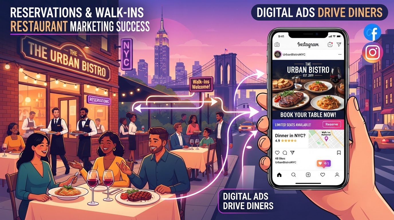 New York restaurant using Facebook and Instagram ads to drive reservations and walk-ins with food photography and table booking in purple and pink gradient accents