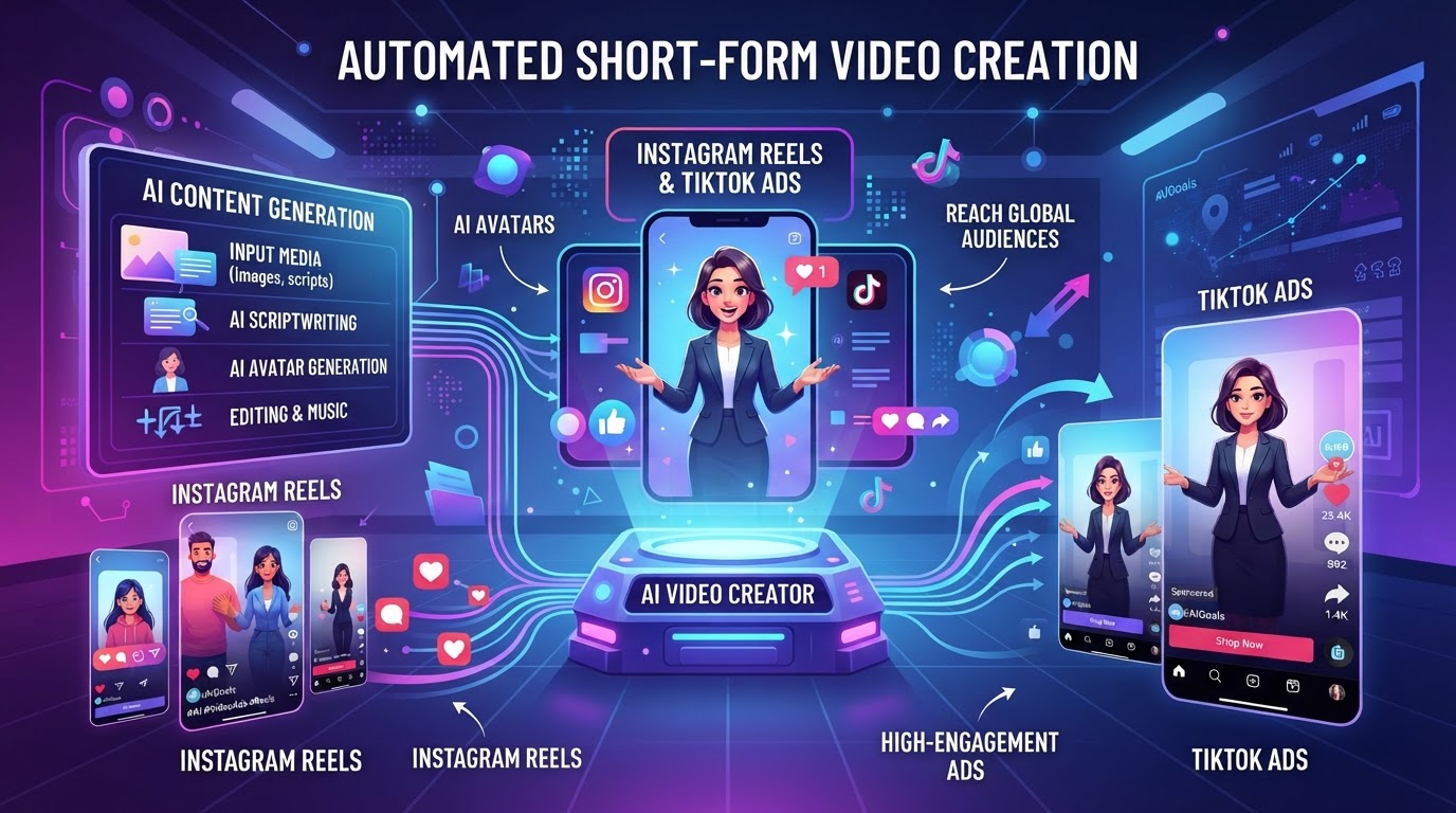 AI creating Instagram Reels and TikTok video ads automatically showing short-form video creation with AI avatars in purple and blue gradient accents