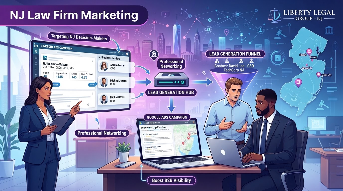 New Jersey law firm using LinkedIn and Google ads to target decision-makers by job title with professional networking and lead generation in purple and blue gradient accents