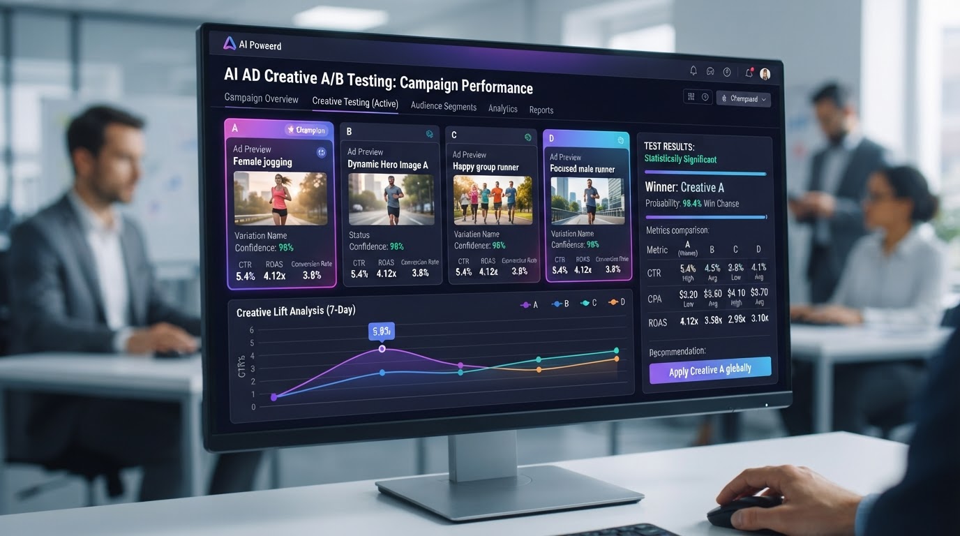AI A/B testing interface for advertising creatives showing multiple ad variations being tested with performance metrics