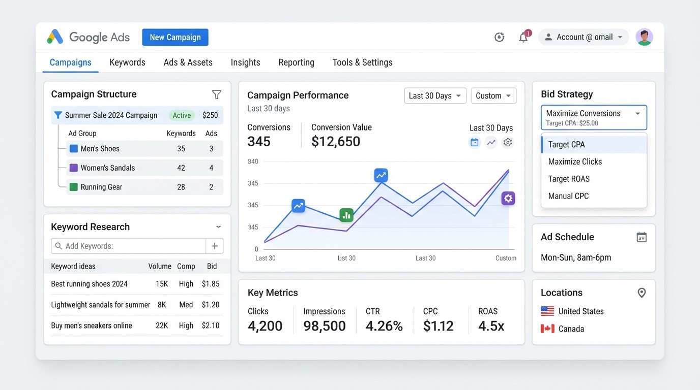 Google Ads campaign setup dashboard showing keyword research panels and conversion tracking graphs