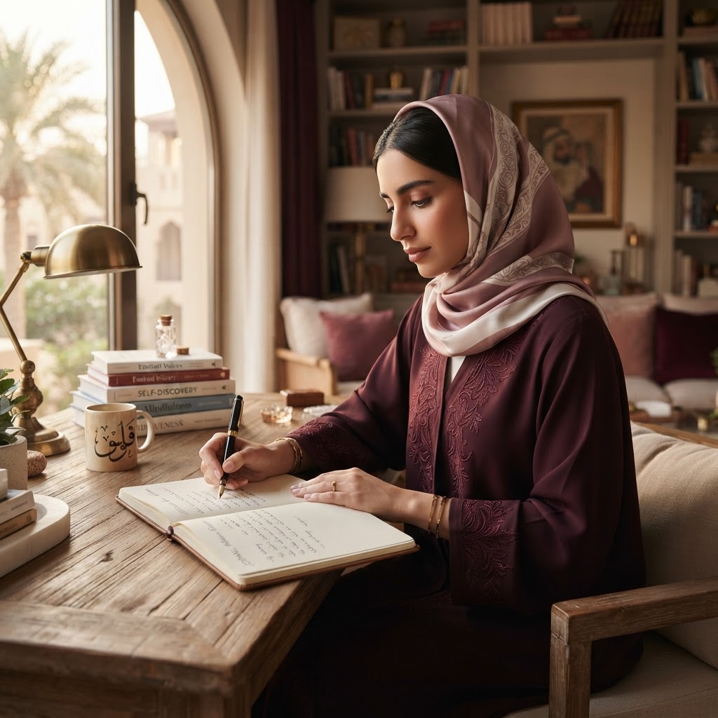 امرأة خليجية تدون أولوياتها وتستكشف زوايا حياتها