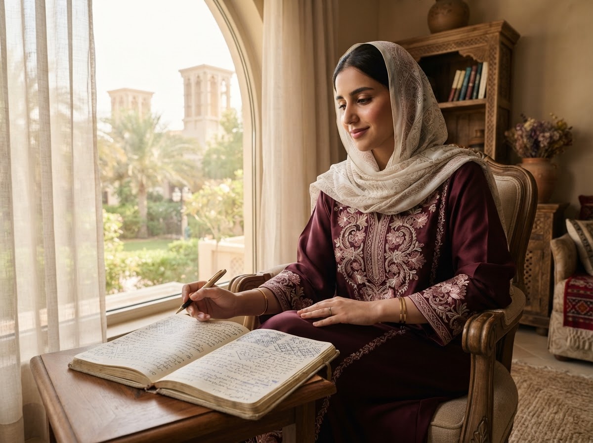 امرأة خليجية تتأمل دفترها وتجاربها — زاوية ذاتها