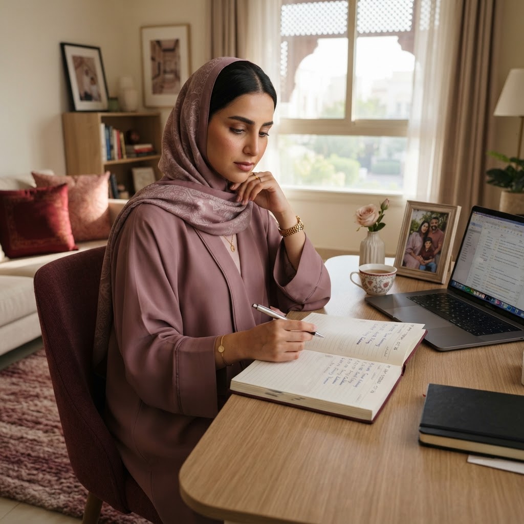 امرأة خليجية تراجع جدولها بين مسؤوليات العمل والمنزل — زاوية أدوارها