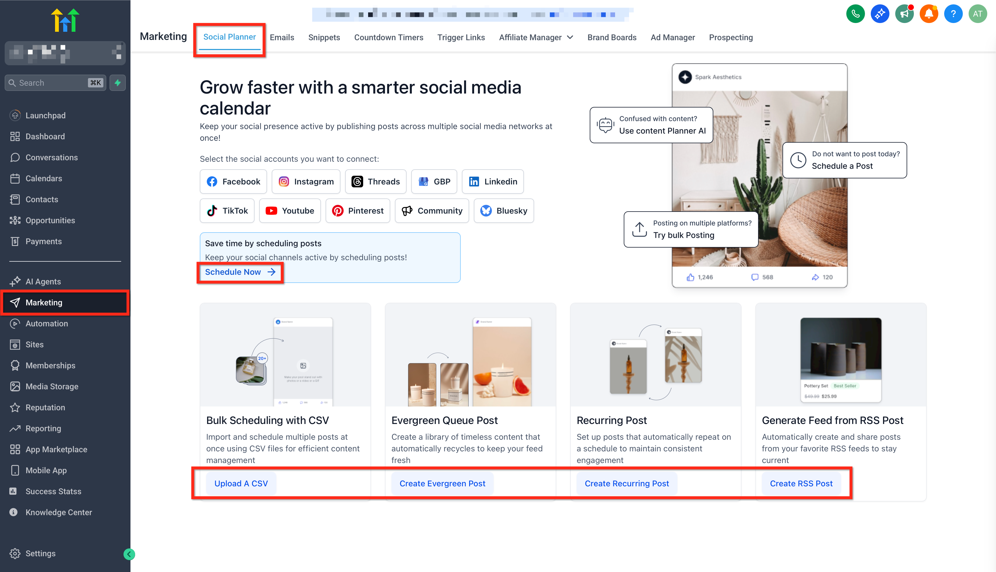 Genuine HighLevel product view: Social Planner multi-channel scheduling and content tools