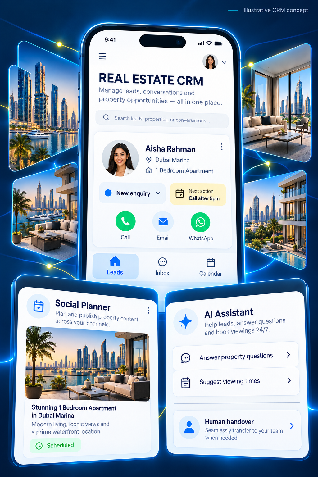 Illustrative CRM concept showing mobile lead card, social planner and AI assistant