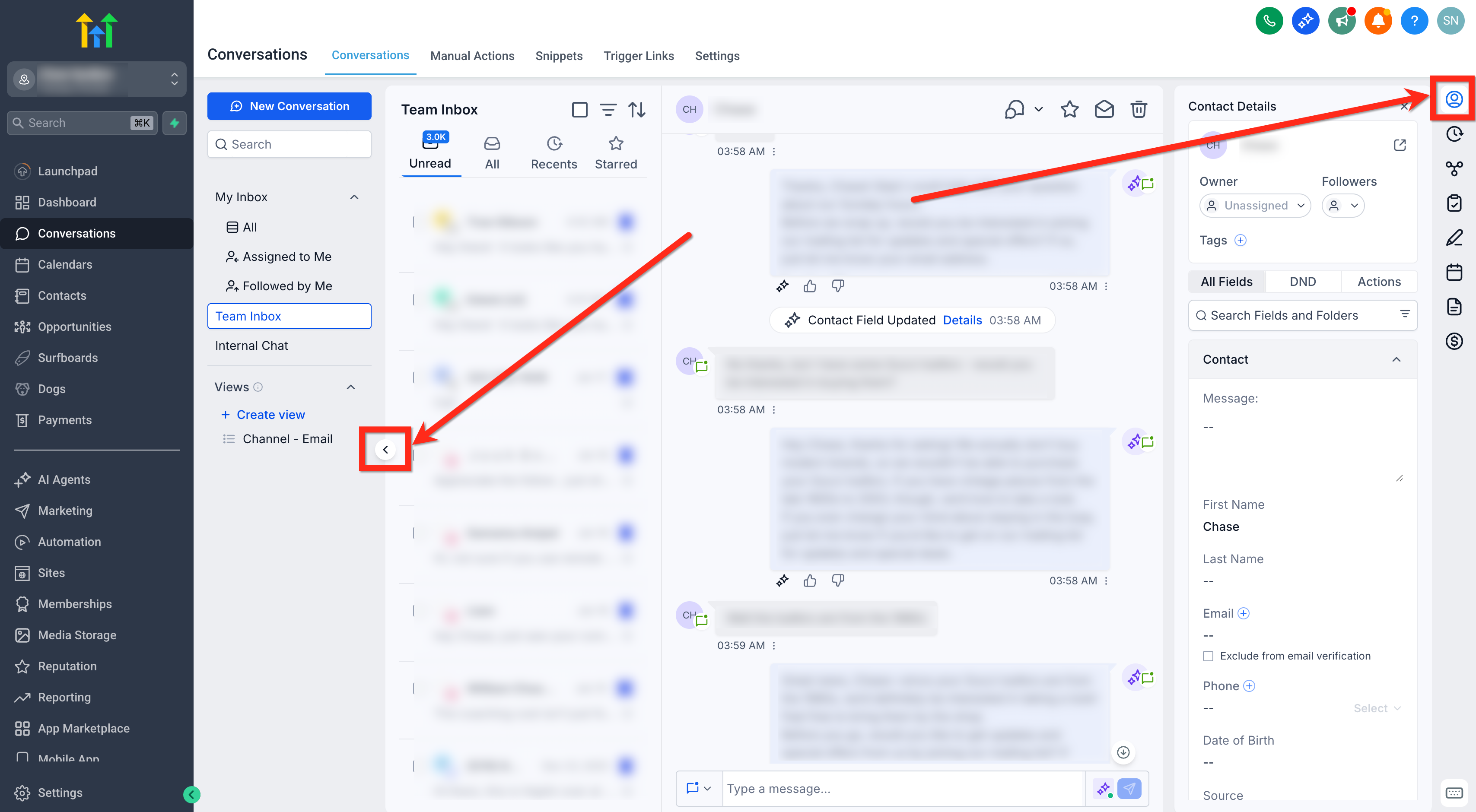 Genuine HighLevel product view: connected inbox conversation, contact details and channel views