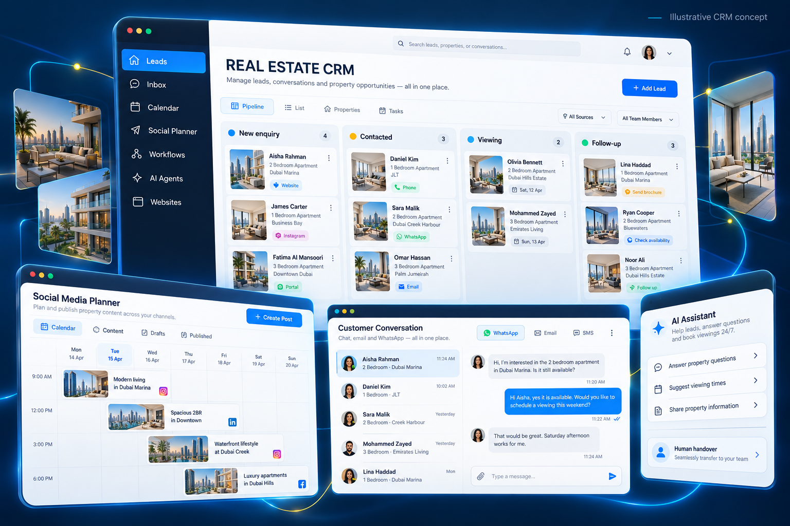 Illustrative CRM concept showing real-estate leads, social media planner, customer conversation and AI assistant