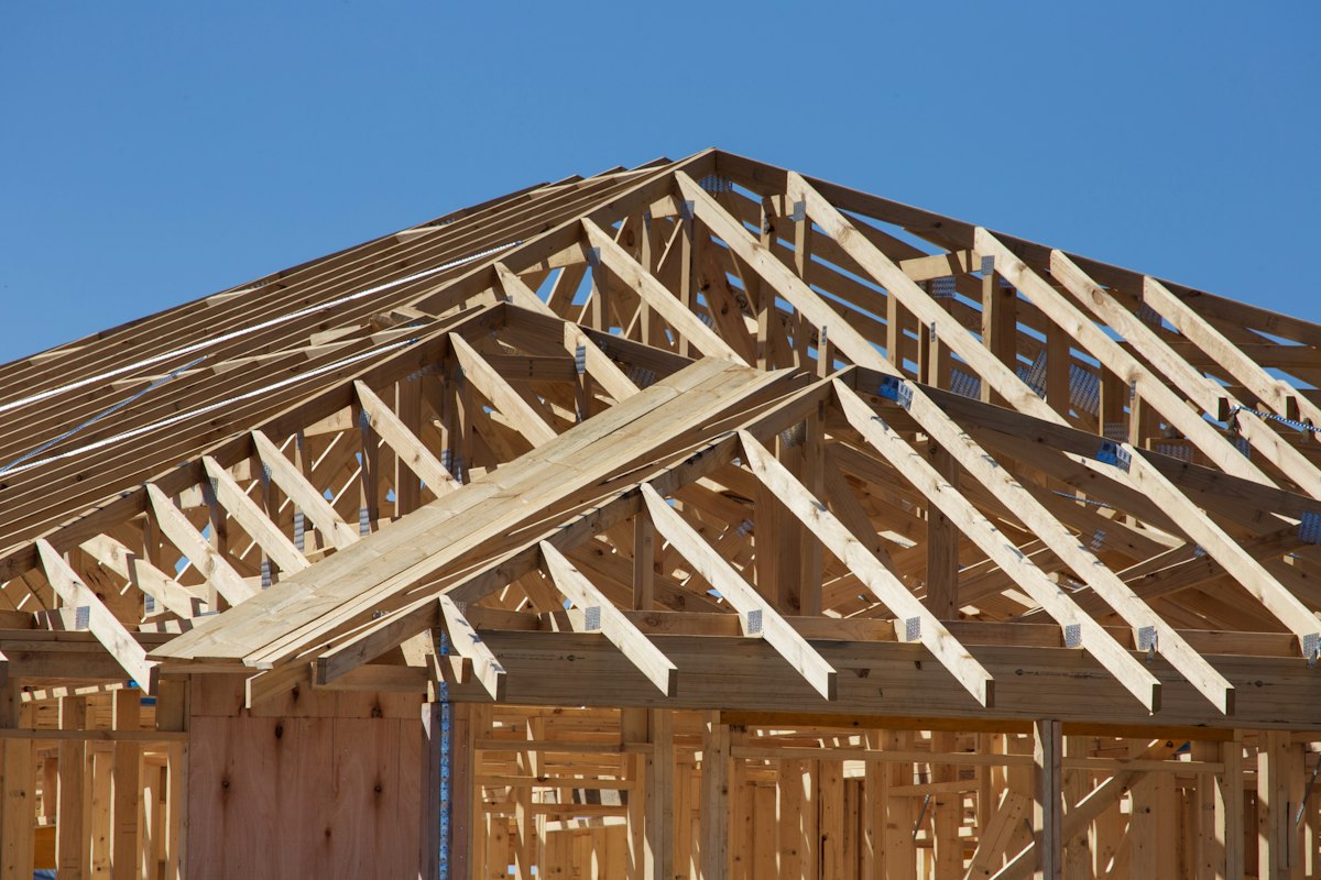 Wood roof trusses and wall framing on a new house