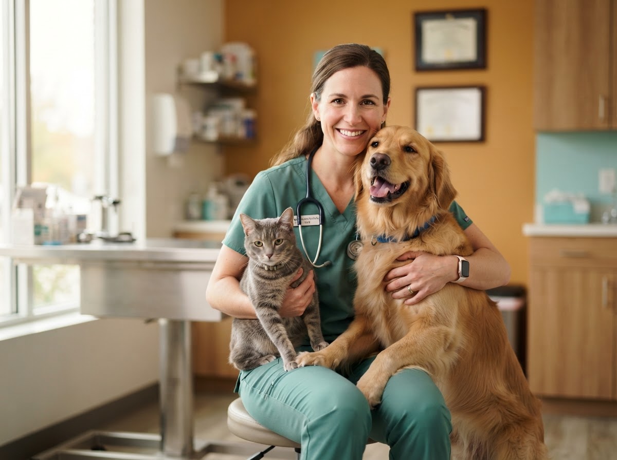 Veterinaria atendiendo con cariño a un perro y un gato en el hospital veterinario HOSLOM
