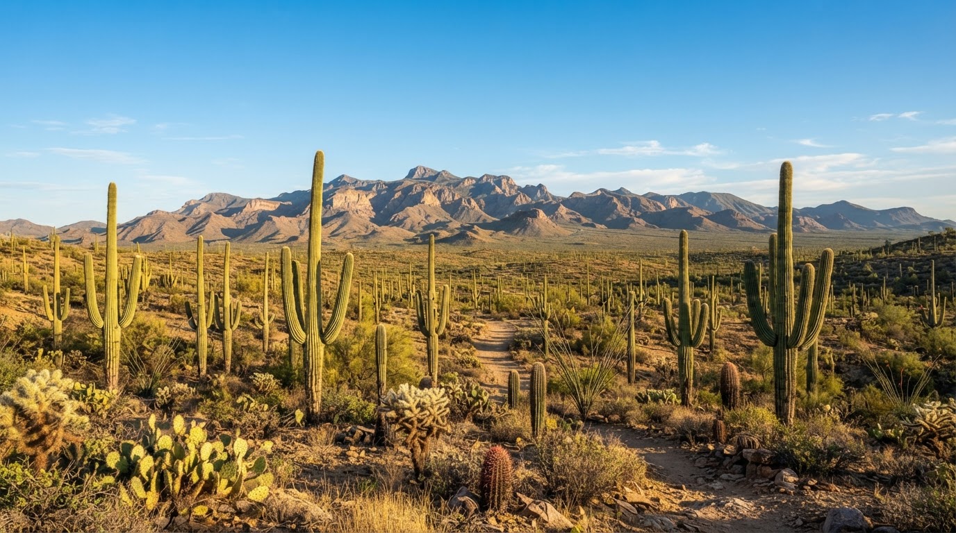 Sonoran Desert saguaro cacti and mountains near Gilbert under a bright sky