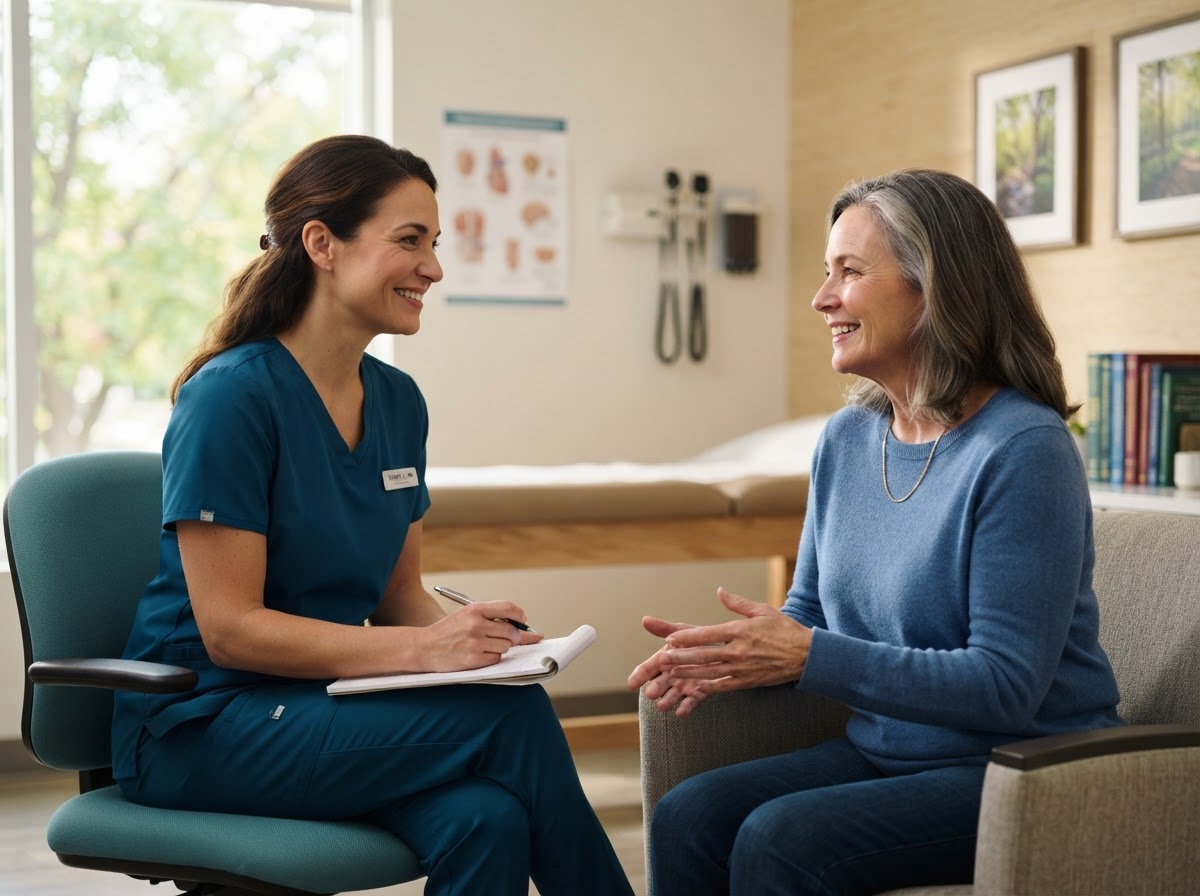 Friendly IV therapy provider talking with an adult client in a bright Gilbert room