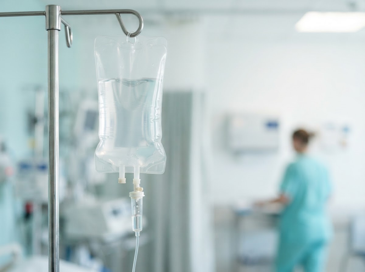 Clear IV hydration drip bag and line ready for a rehydration appointment