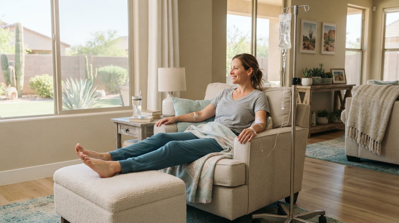 Relaxed barefoot adult resting with legs supported on an ottoman while receiving IV hydration therapy in a bright Gilbert home