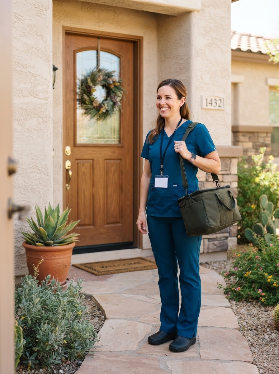 Nurse in scrubs arriving at a Gilbert front door with a medical bag for a mobile IV visit