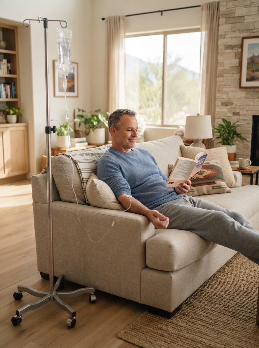 Adult relaxing on a living-room sofa at home during a mobile IV therapy visit in Gilbert