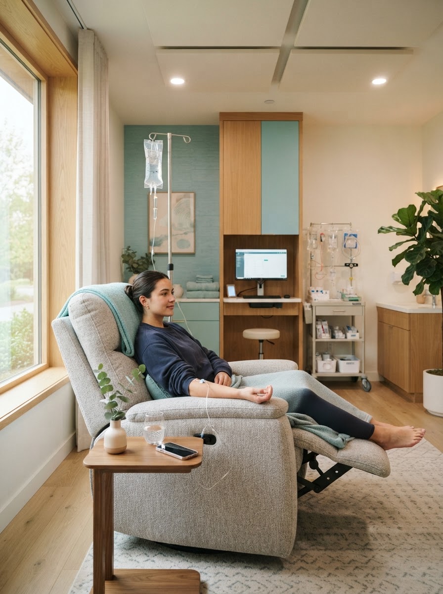 Bright, tidy IV therapy treatment room with a comfortable recliner in Gilbert