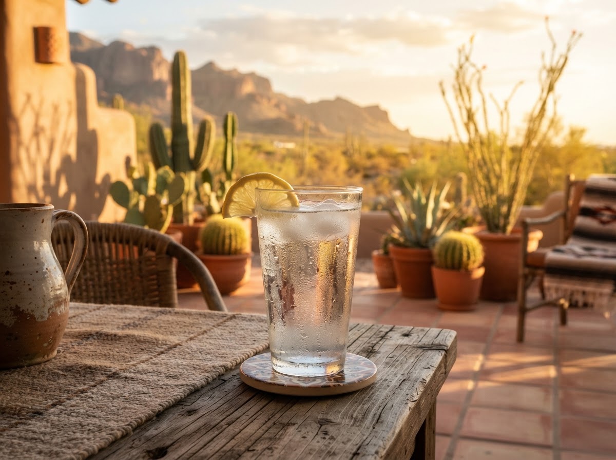Glass of water on a sunny Gilbert patio — staying hydrated in the desert heat
